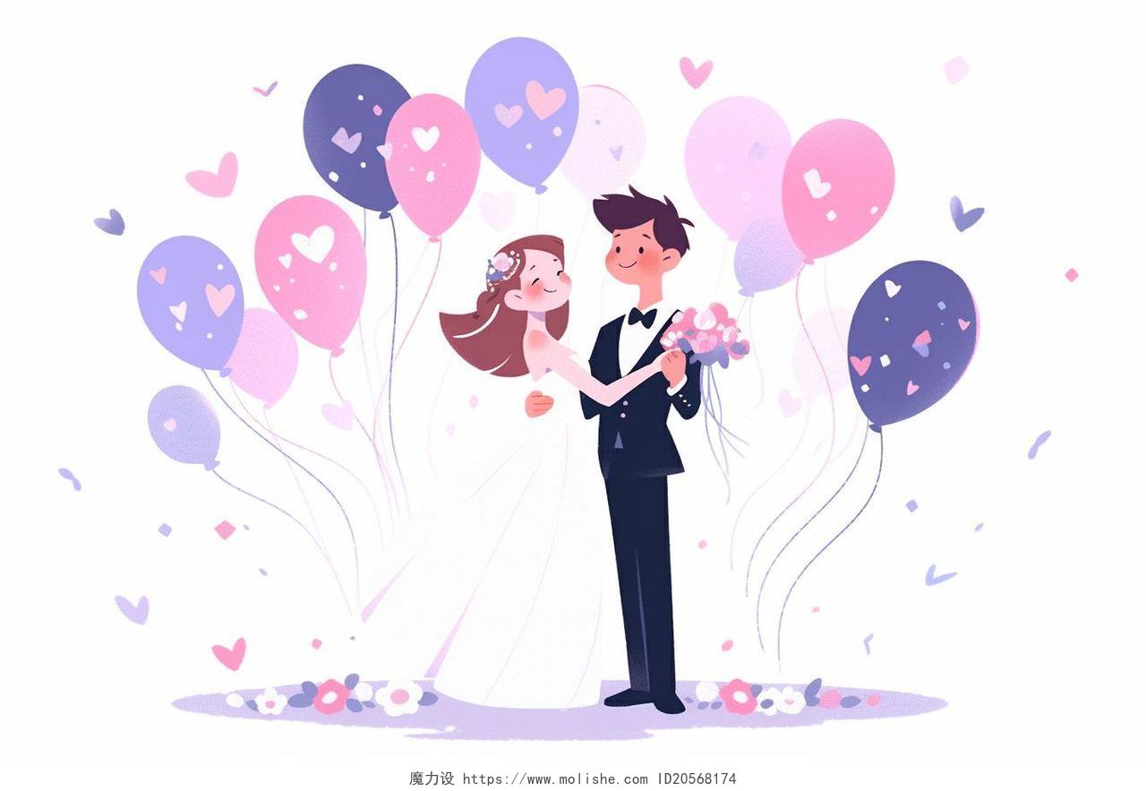 新郎新娘幸福地站在一起卡通AI插画幸福温馨结婚婚礼典礼情人节520